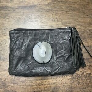 Evoke Womens Victoria Black Leather Agate Stone Clutch  Bag Tassel